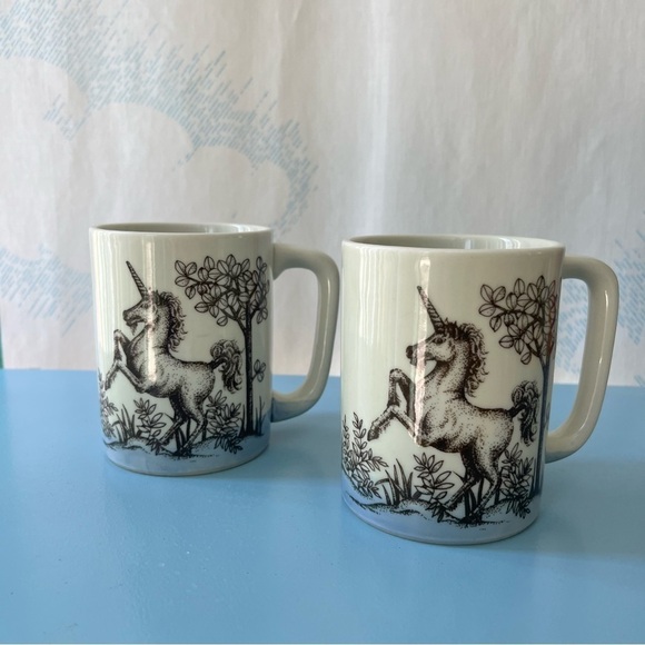VINTAGE Japanese unicorn otagiri ceramic mugs set of two decor Kitchen mystical - Picture 7 of 8